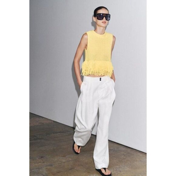 Zara Womens Sweater Top S Small Yellow Fringed Knit Sleeveless 4331/027 NWOT - Picture 2 of 13
